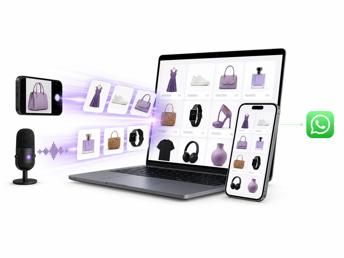 Produtos cadastrados por foto e voz entrando rapidamente em uma loja virtual conectada ao WhatsApp