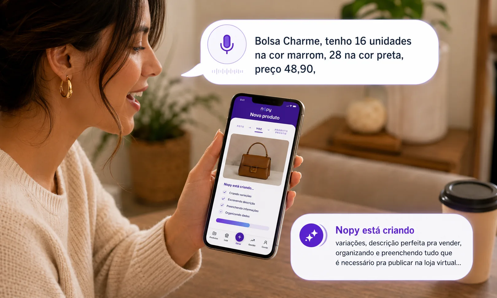 Pessoa descrevendo o produto por voz no Nopy