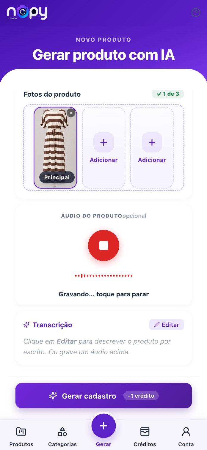 Foto e voz para gerar produto