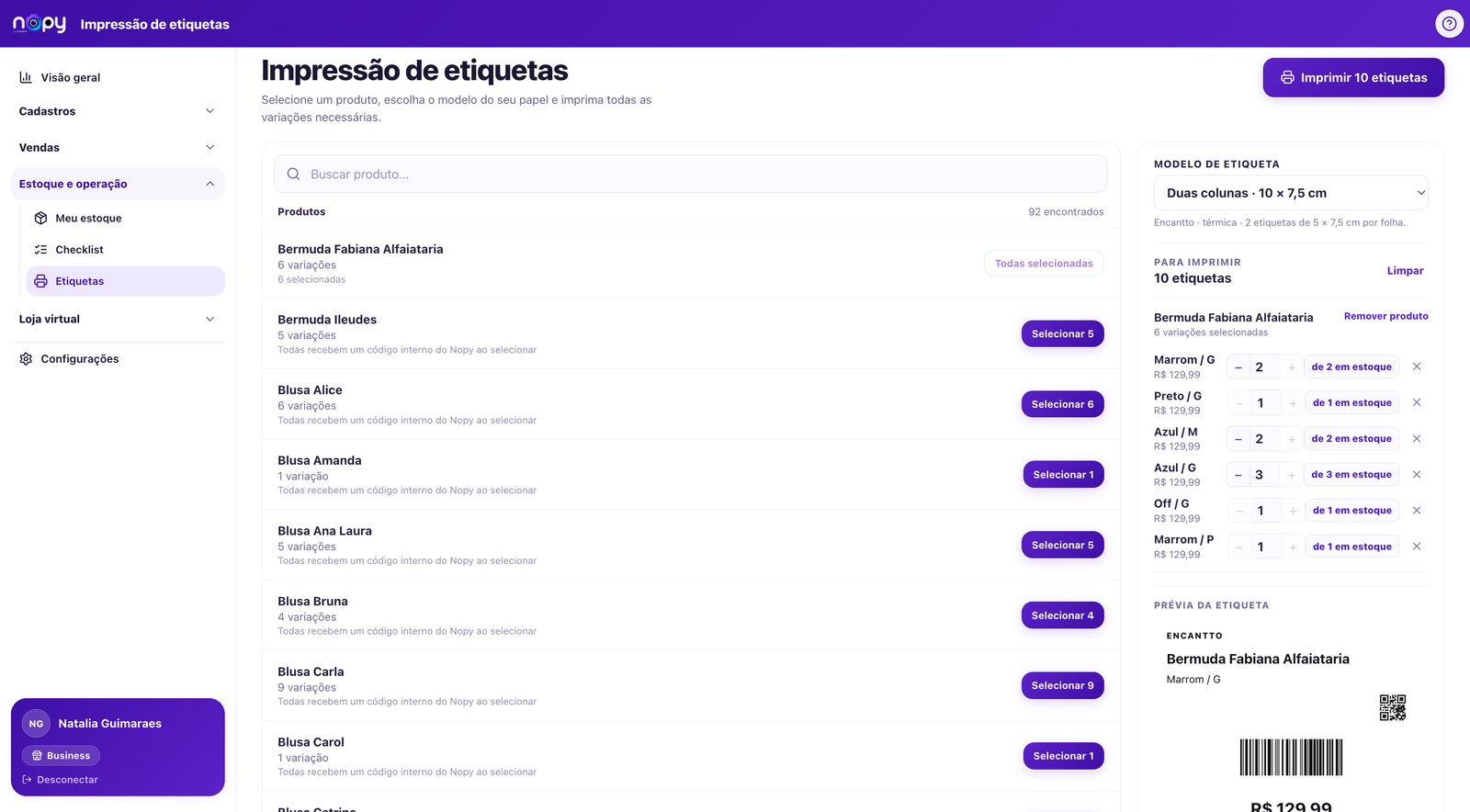 Tela de impressão de etiquetas do Nopy