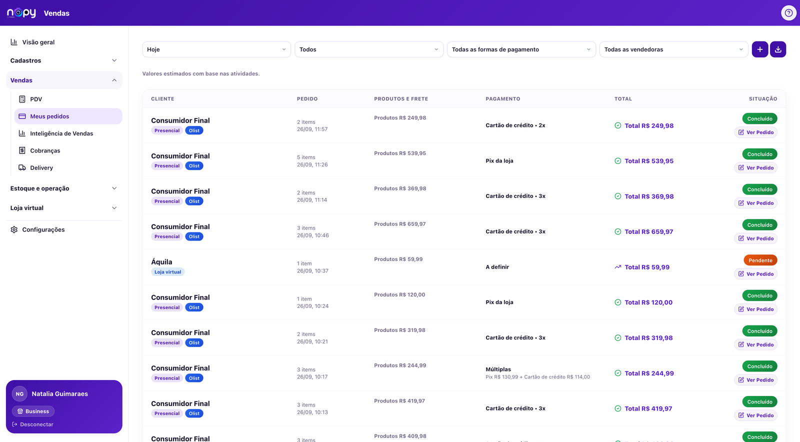 Tela de vendas e pedidos centralizados do Nopy